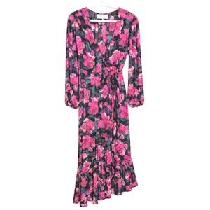 WAYF Floral Wrap Dress Large Pink Black Romantic Boho Midi Long Sleeve